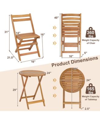 3 PCS Folding Patio Bistro Set Solid Acacia Wood Table & Chairs Slatted Tabletop