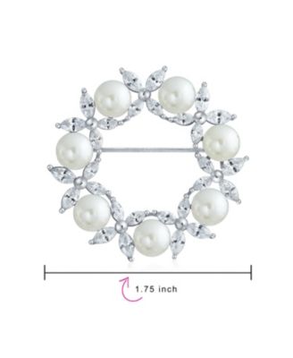 Elegant Holiday Marquise CZ Cubic Zirconia Round 8MM White Simulated Pearl Wreath Circle Scarf Brooch Pin