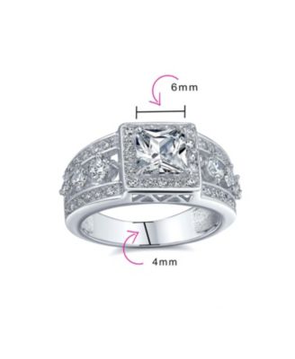 Square Cut Halo CZ Art Deco Style Princess Promise Ring  Wide 3 Row Band Sterling Silver Ring