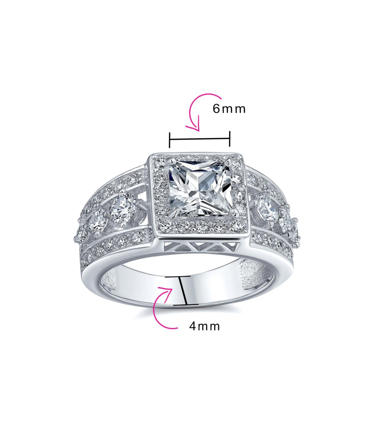Bling Jewelry Square Cut Halo Cz Art Deco Style Princess Promise Ring For Women Wide 3 Row Band Sterling Silver Ring