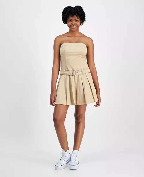juniors' pleated strapless denim dress