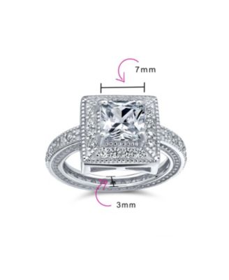 2CT Art Deco Style Cubic Zirconia Milgrain Princess Cut Square Halo CZ Promise Ring With Eternity Band Sterling Silver