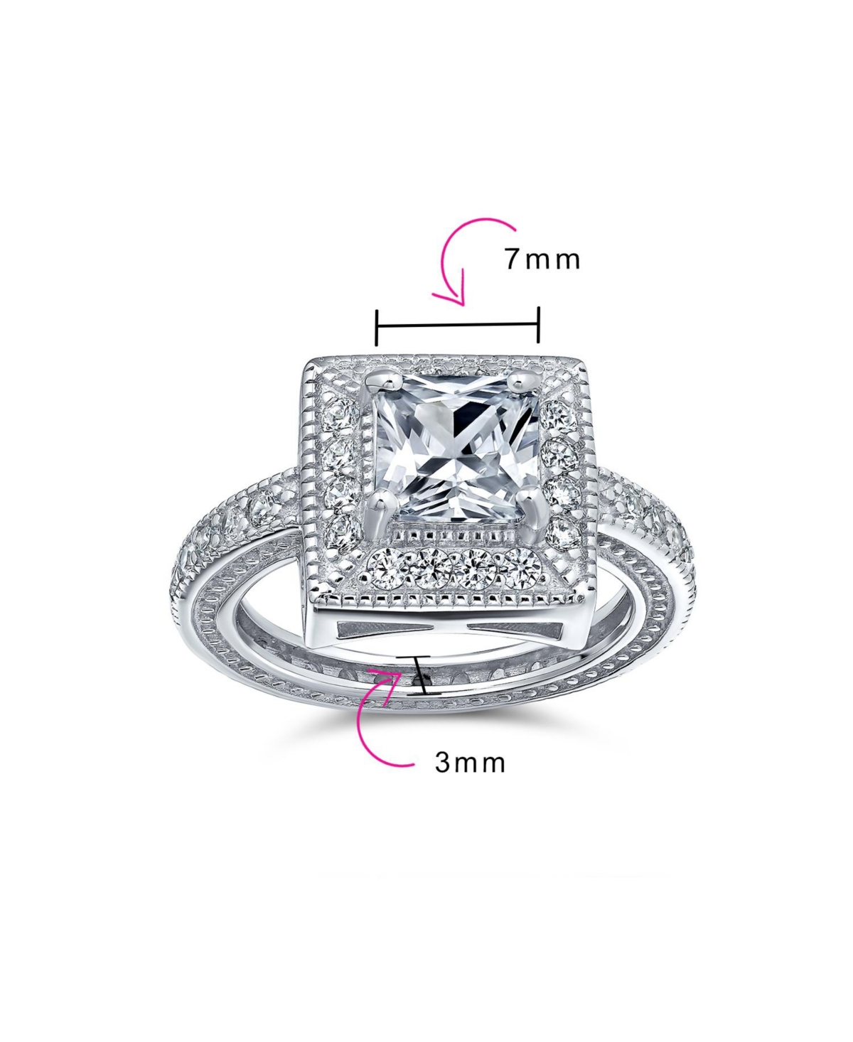 Bling Jewelry 2CT Art Deco Style Cubic Zirconia Milgrain Princess Cut Square Halo Cz Promise Ring With Eternity Band For Women Sterling Silver - Color