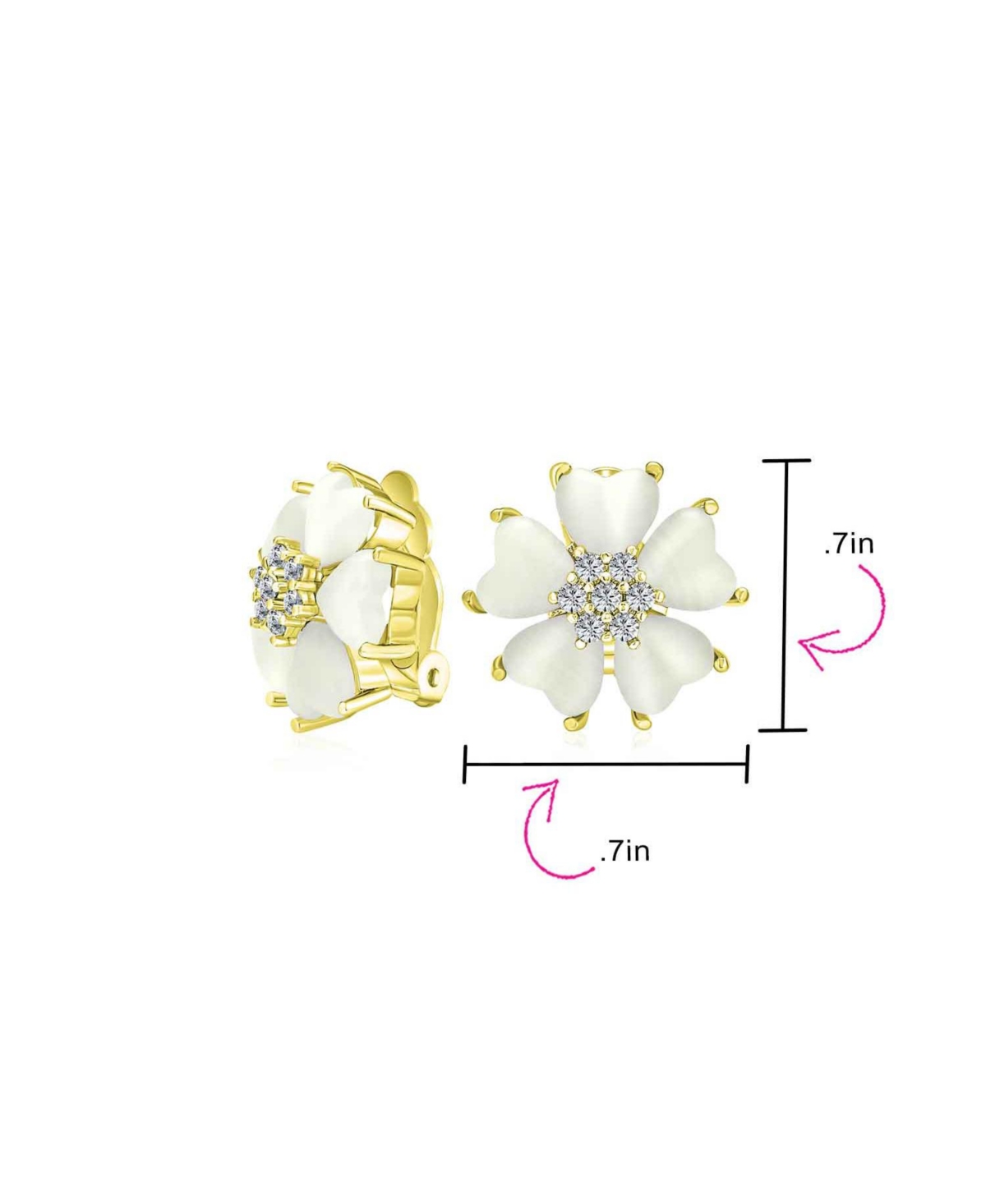 Bling Jewelry Heart-Shaped Petals White Flower Cats Eye Cz Accent Button-Style Quartz Clip On Earrings For Women in Gold Plated