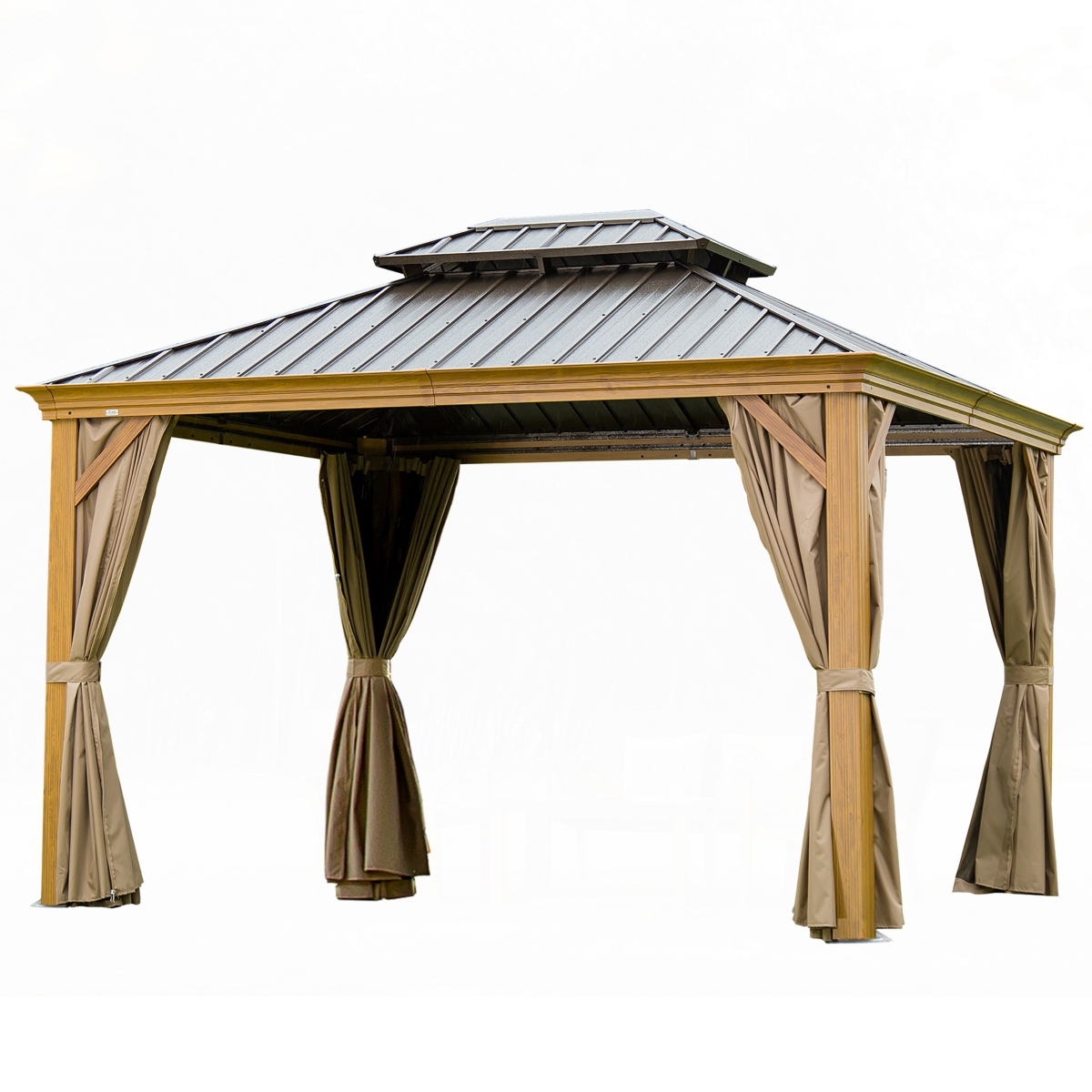 Outdoor Hardtop Gazebo with Curtains & Netting - Yellow brown