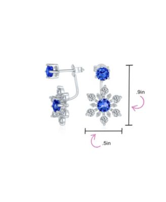 Holiday Party Winter Christmas Blue CZ 2 In 1 Ear Jackets Back Front Snowflake Stud Earrings Sterling Silver