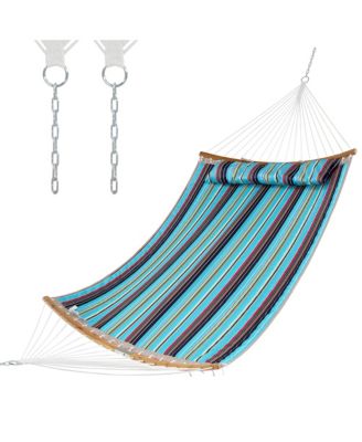 Hammock w/ Pillow Curved Bamboo Spreader Bar Chain Portable Indoor Outdoor