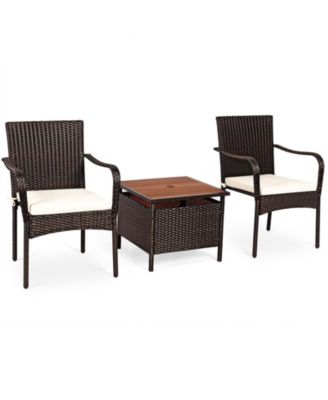 3 Pieces Patio Rattan Furniture Bistro Set with Wood Side Table and Stackable Chair