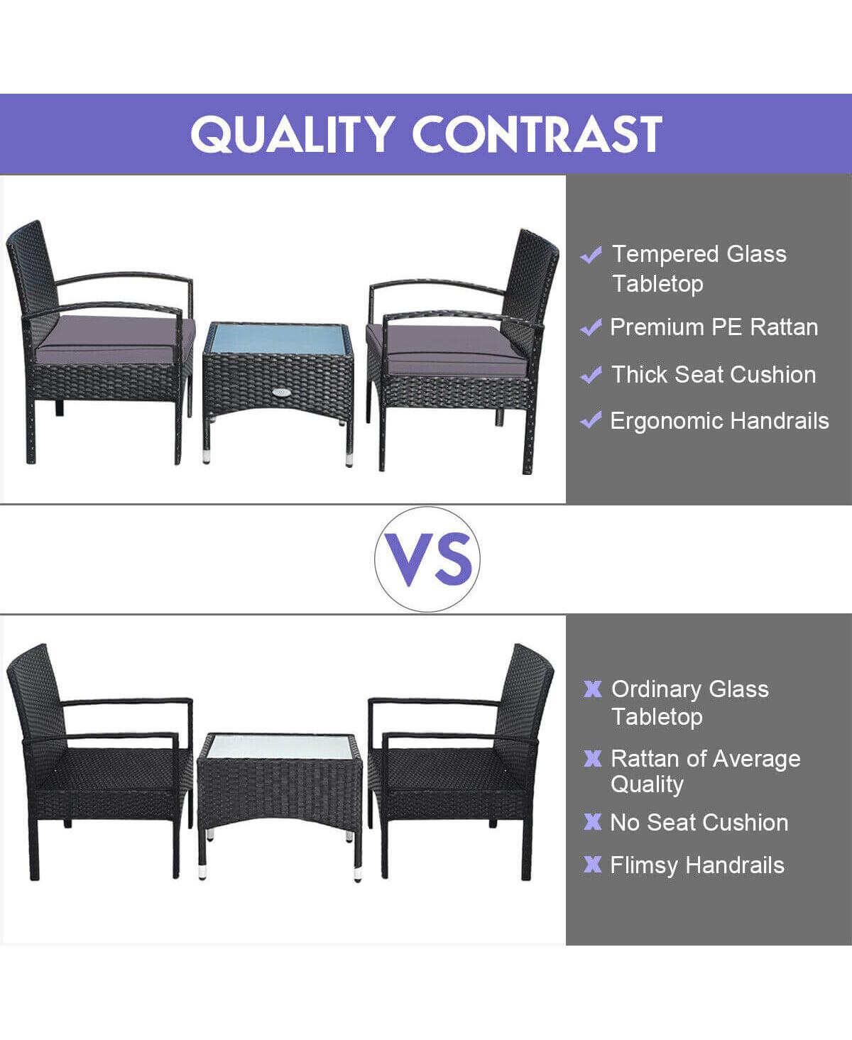 Slickblue 3 Pieces Patio Wicker Rattan Furniture Set with Cushion for Lawn Backyard