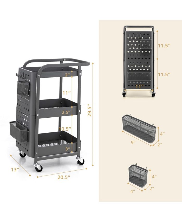 Slickblue 3-Tier Utility Storage Cart with DIY Pegboard Baskets - Macy's