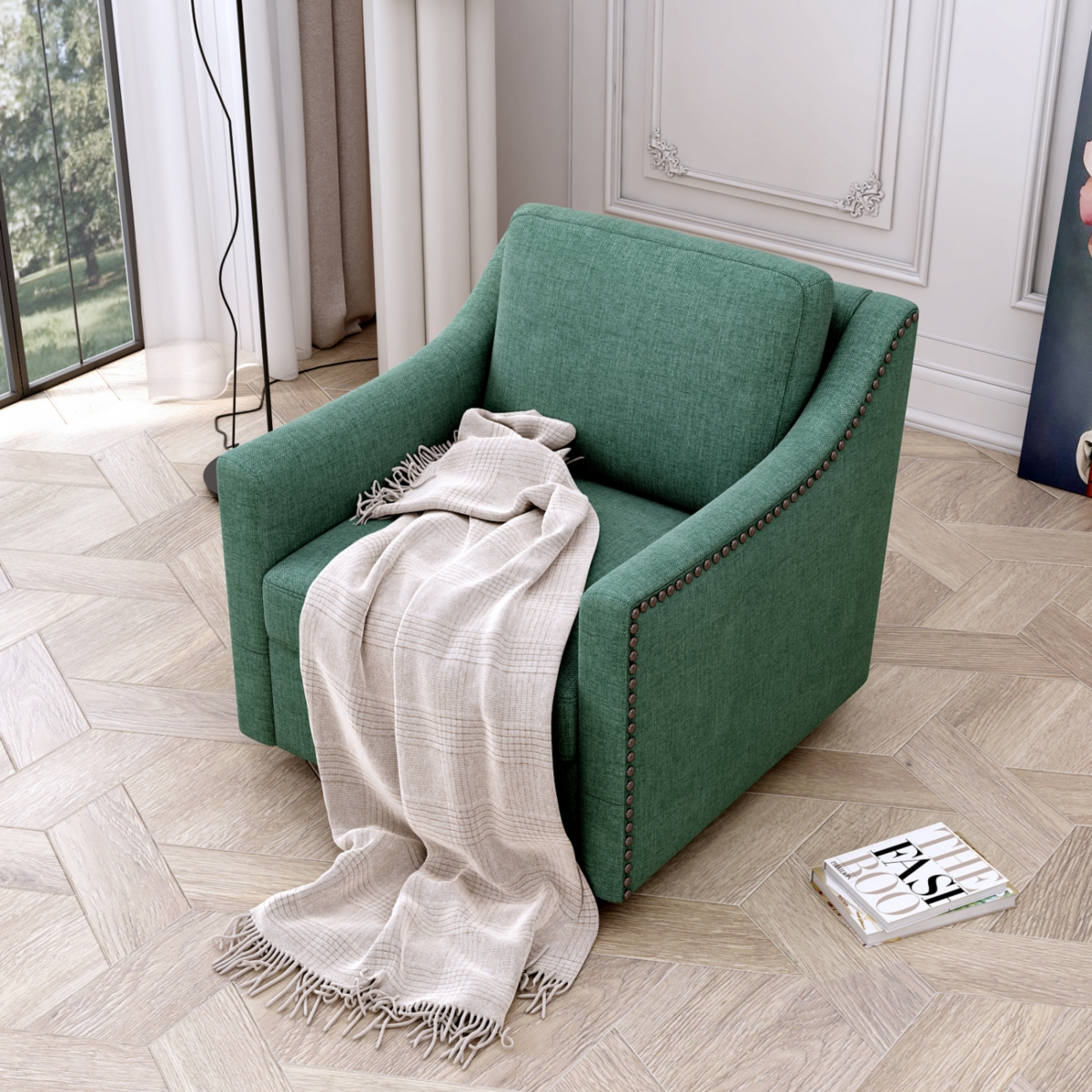 Streamdale Swivel Armchair in Cotton Linen with Brass Accents