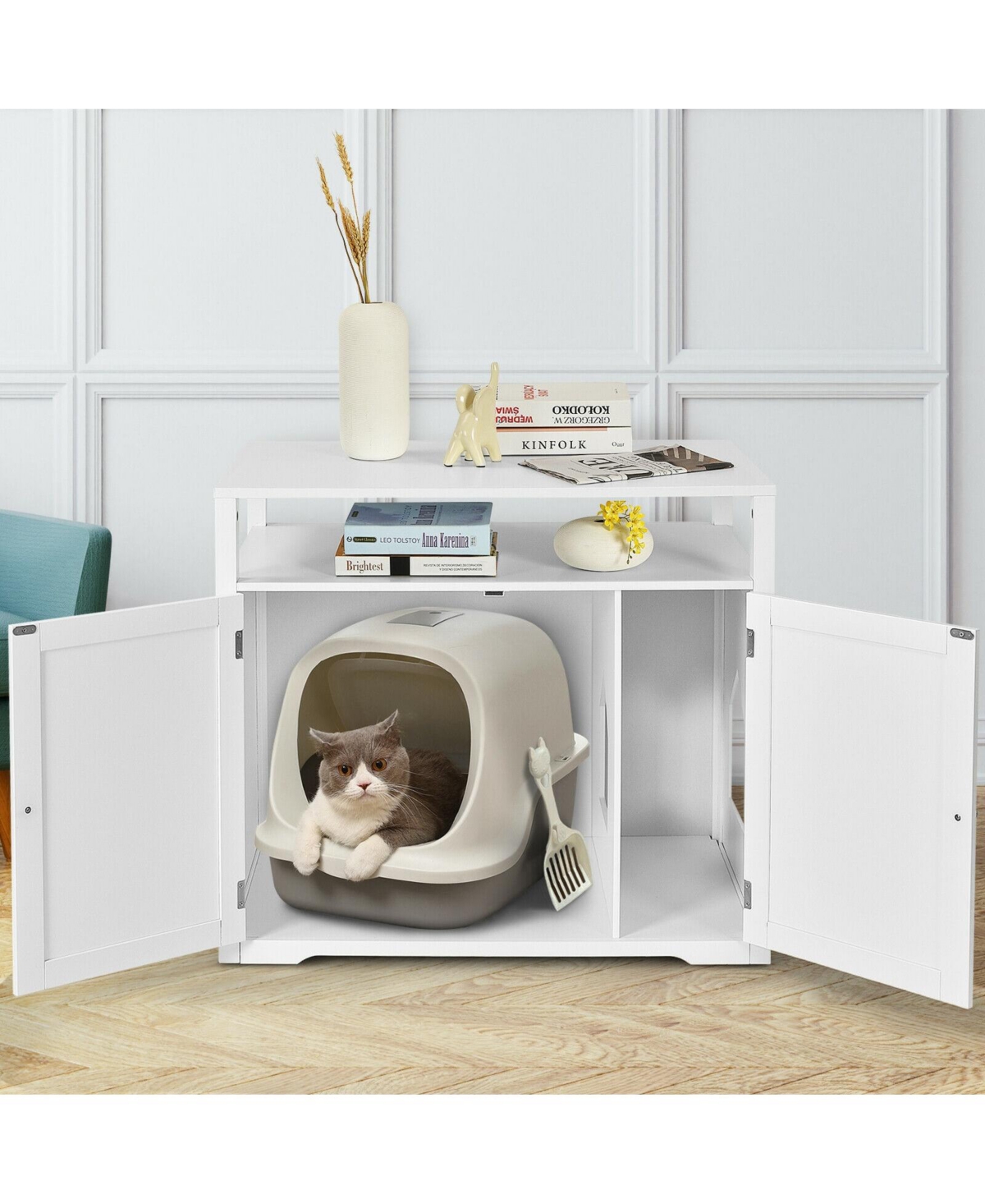 Slickblue Wooden Cat Litter Box Enclosure Hidden Cat Washroom with Storage Layer