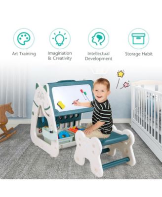 3-In-1 Double Sided Magnetic Dry-Erase Board with Stool and Flipped Writing Desktop