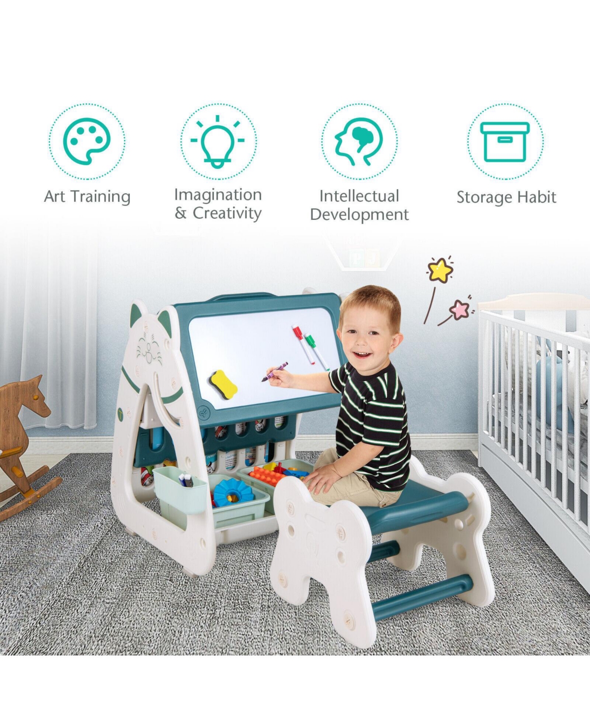 Slickblue 3-In-1 Double Sided Magnetic Dry-Erase Board with Stool and Flipped Writing Desktop