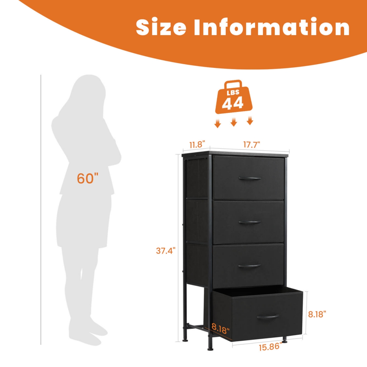 Streamdale Furniture Drawers Dresser Chest Of Drawers, Metal Frame And Wood Top- Black
