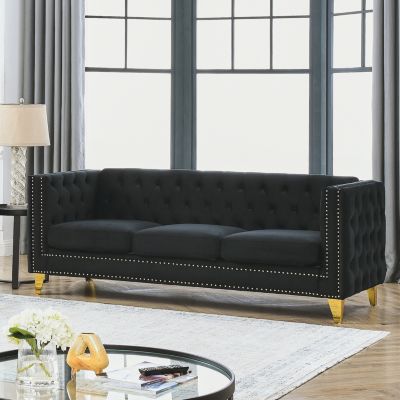  Modern Black Velvet Sofa with Tufted Square Arm