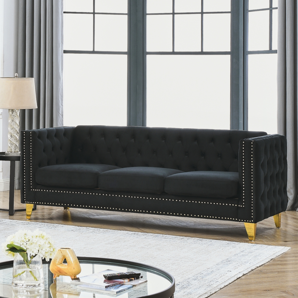 Simplie Fun Modern Black Velvet Sofa with Tufted Square Arm