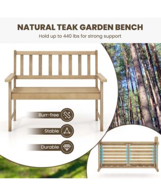 Teak Wood Garden Bench 2-Person Patio Bench with Backrest & Armrests