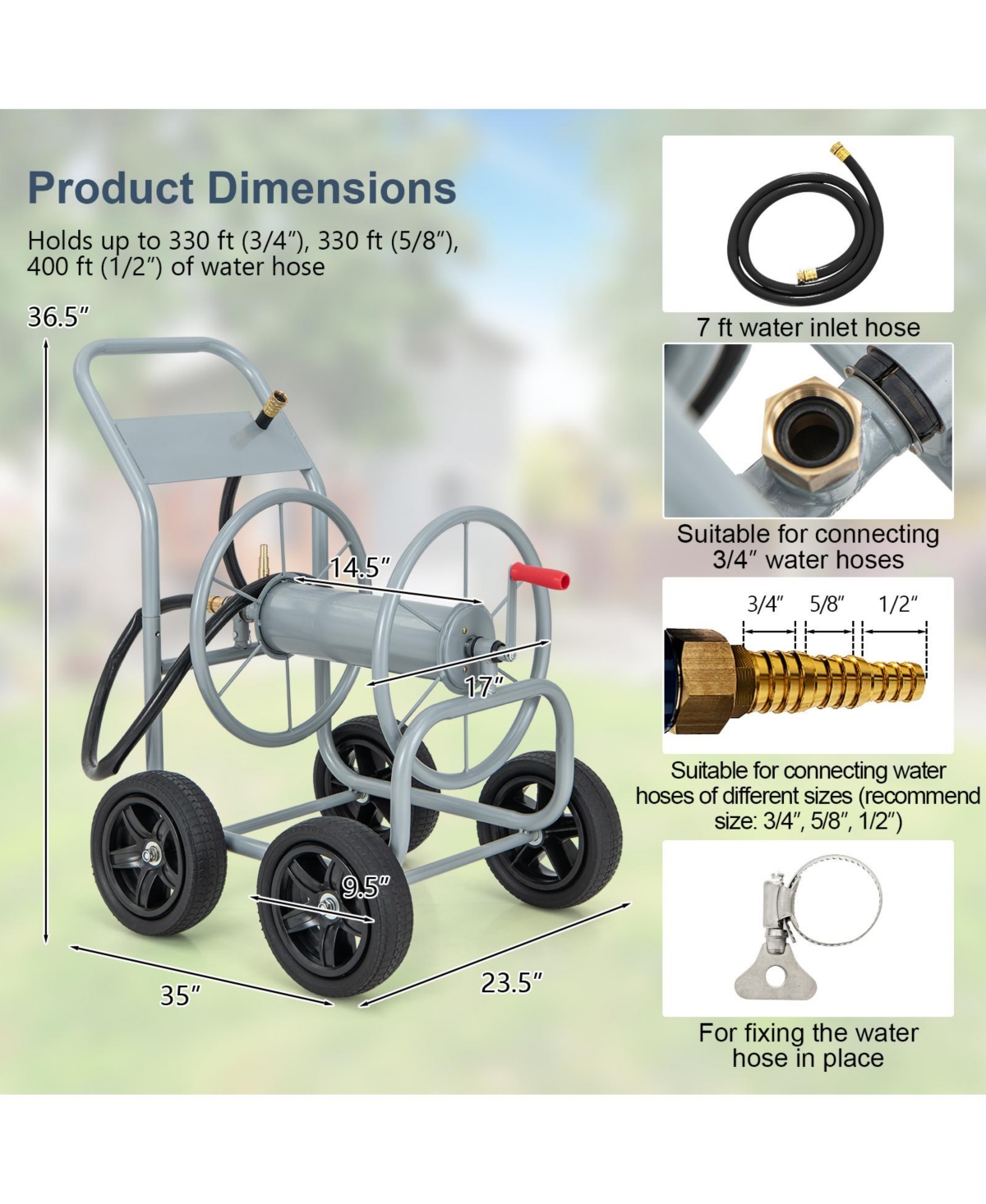 Inolait Garden Water Hose Reel Cart with 4 Wheels and Non-slip Grip - Silver