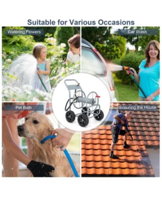 Garden Water Hose Reel Cart with 4 Wheels and Non-slip Grip - Silver