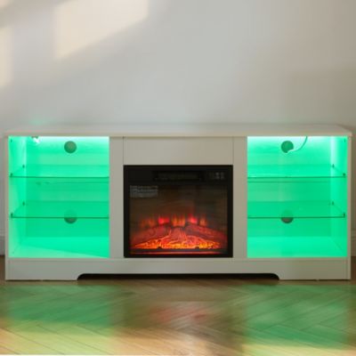 Modern Electric Fireplace TV Stand with Glass Shelves