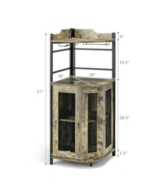 Industrial Corner Bar Cabinet with Glass Holder and Adjustable Shelf