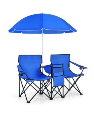 Portable Folding Picnic Double Chair with Detachable Umbrella, Side Cooler Pouch for Beach and Camping