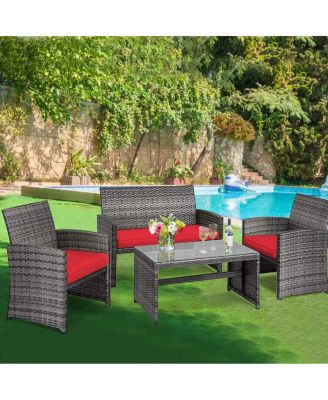 4 Pieces Patio Rattan Furniture Set with Glass Table and Loveseat