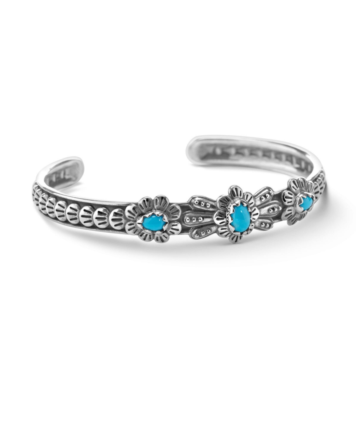 American West Sterling Silver Women's Cuff Bracelet Sleeping Beauty Turquoise Gemstone Flower Concha Design Size Small - Large -
