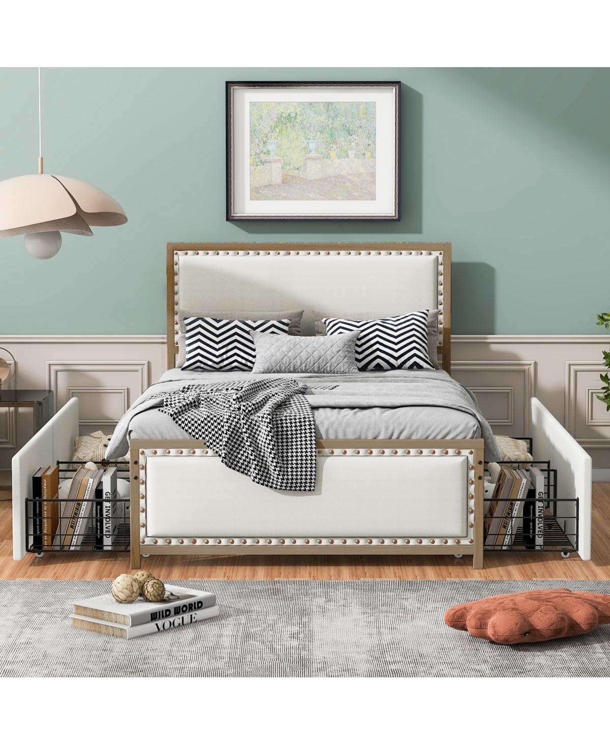 Streamdale Furniture Size Upholstered Platform Bed With Nailhead Decoration And 4 Drawers