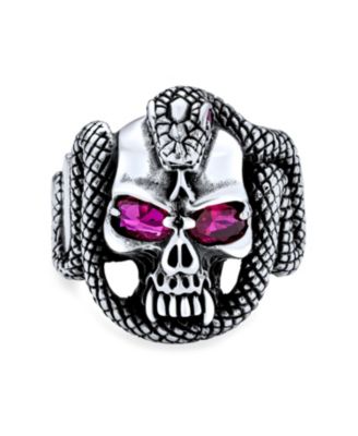 Large Biker Halloween Devil Gothic Pirate Day Of Dead Red CZ Eyes Serpent Snake Skull Head Ring Oxidized Sterling Silver