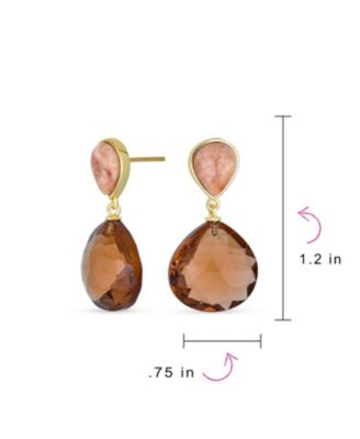 Elegant Translucent Briolette Peach Chocolate Brown Pear Shaped Natural Smoky Quartz Faceted Teardrop Drop Earrings Gold Plated