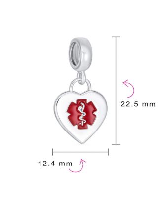 Heart Shape Medical ID Dangle Bead Charm Sterling Silver Fits European Bracelet
