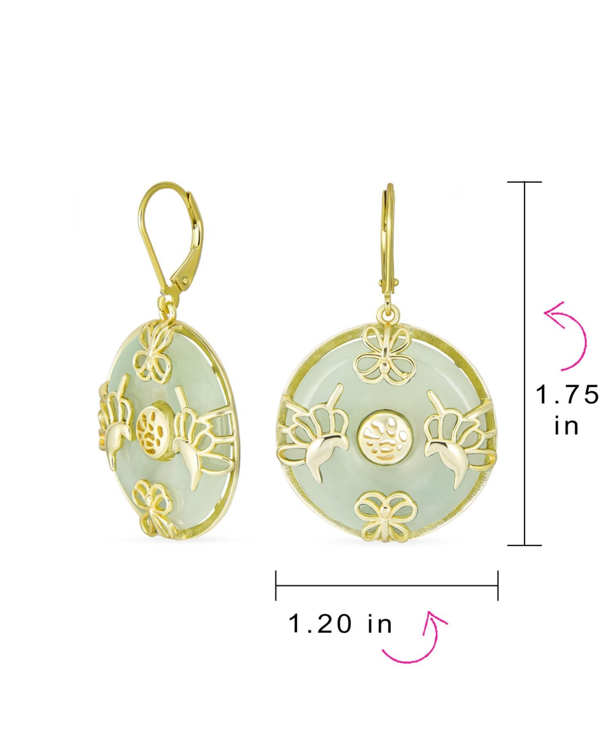 Bling Jewelry Asian Style Dangle Circle Round Donut Good FortuneNatural Jade Butterfly Disc Drop Statement Earrings 14K Gold Overlay Ster