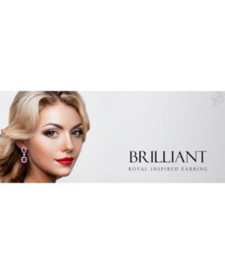 Art Deco Style Crown Halo Oval Cubic Zirconia Red CZ Fashion Dangle Drop Earrings Rhodium Plated Brass