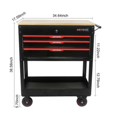 3 Drawers Multifunctional Tool Cart With Wheels And Wooden Top