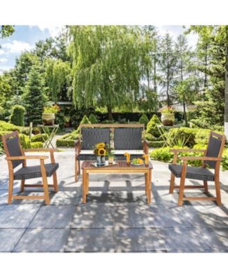 4 Pieces Outdoor Patio Rattan Furniture Conversation Sets with Acacia Wood Frame