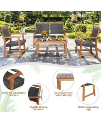 4 Pieces Outdoor Patio Rattan Furniture Conversation Sets with Acacia Wood Frame