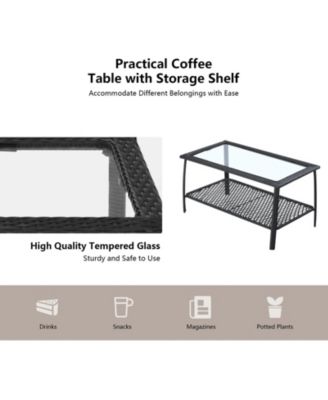 4 Pieces Patio Wicker Furniture Conversation Sets with Coffee Table and Cushions