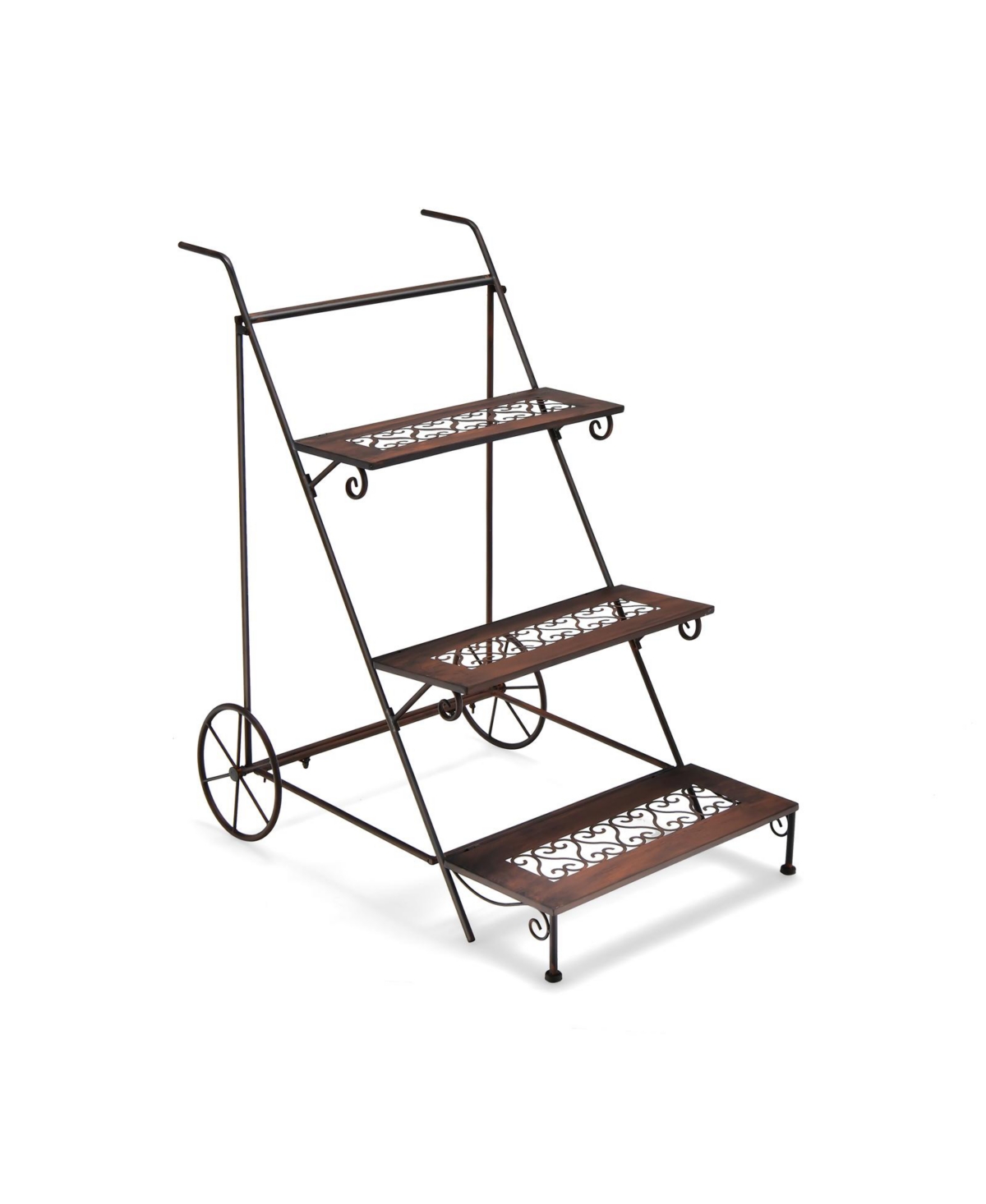 3-Tier Metal Plant Stand with Wheels and Handle for Balcony - Brown