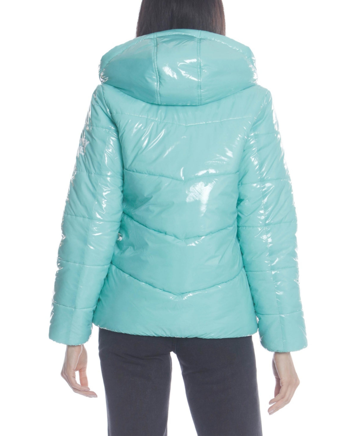 Members Only Women's Hi-Shine Chevron Quilt Puffer with Looney Tunes Mashup Print Lining