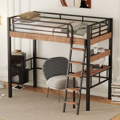 Metal Twin Size Loft Bed with Built-In Desk, Storage Shelf and Ladder