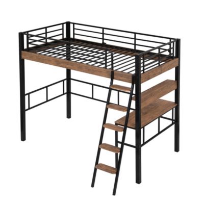 Metal Twin Size Loft Bed with Built-In Desk, Storage Shelf and Ladder