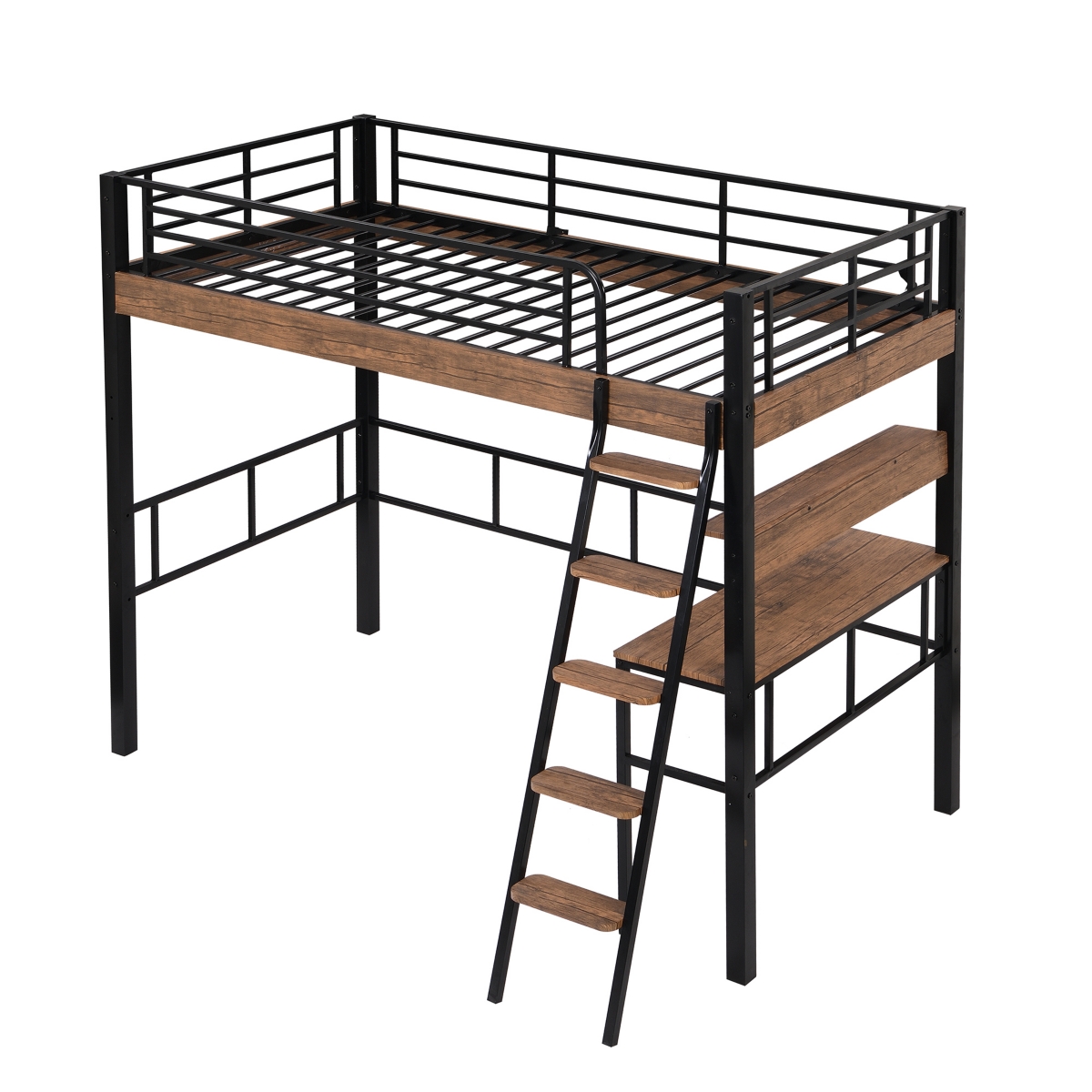 Simplie Fun Metal Twin Size Loft Bed With Built-In Desk, Storage Shelf And Ladder