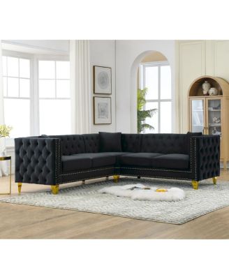  82.2" Velvet L-Shaped Corner Sofa, 5-Seater, 3 Cushions