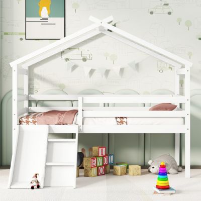 Twin House Bed with Slide, Ladder, and Safety Rails