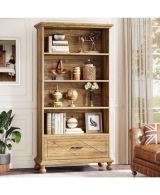 6-Shelf Bookcase with Drawer, 71 Inch Tall Floor Standing Bookshelf with Solid Wood Legs, 6-Tier Large Open Display Storage Book Shelf for Living Room, Home Office