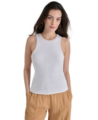 DKNY - Women's Crewneck Stud Trim Rib Knit Tank Top