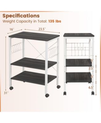 3-Tier Kitchen Baker's Rack with Microwave Shelf, Storage Hooks, and Utility Cart