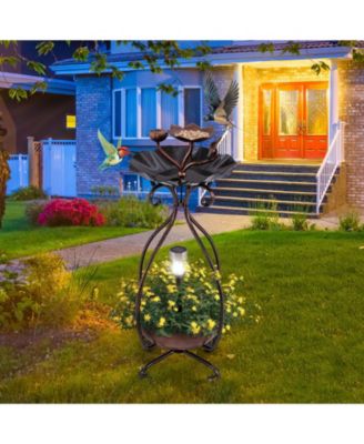 Solar Outdoor Bird Bath Feeder Combo with Flower Planter Pedestal and Solar Lights